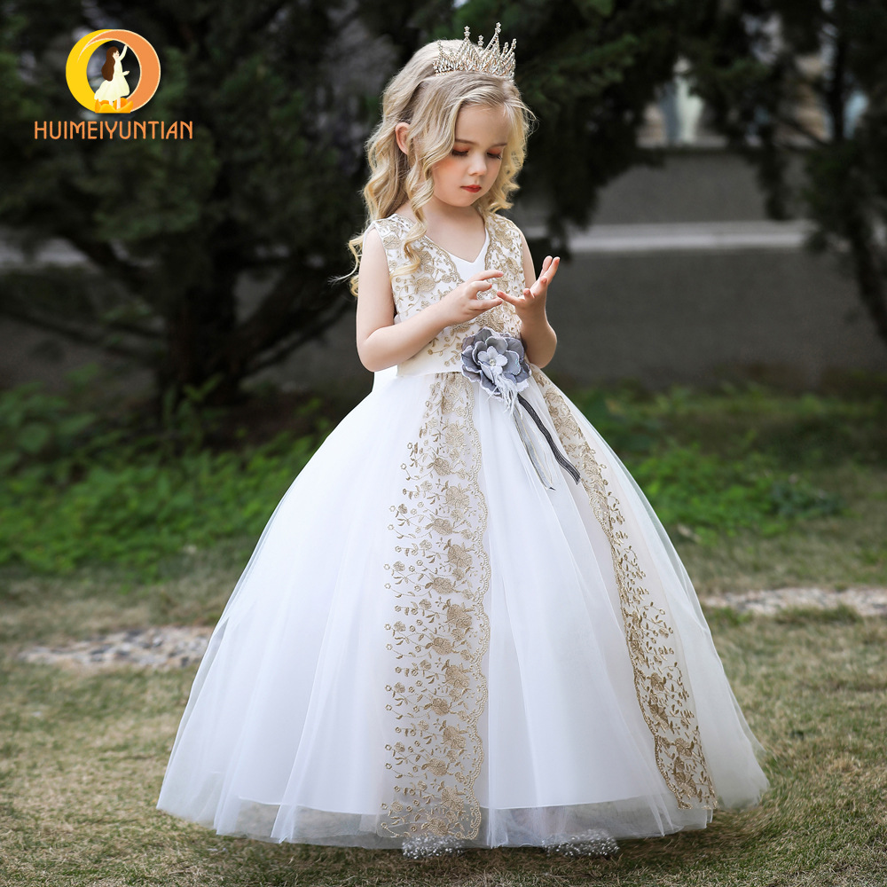 欧美夏季花童装蕾丝礼服现货女童长款公主裙网纱裙子中小童连衣裙