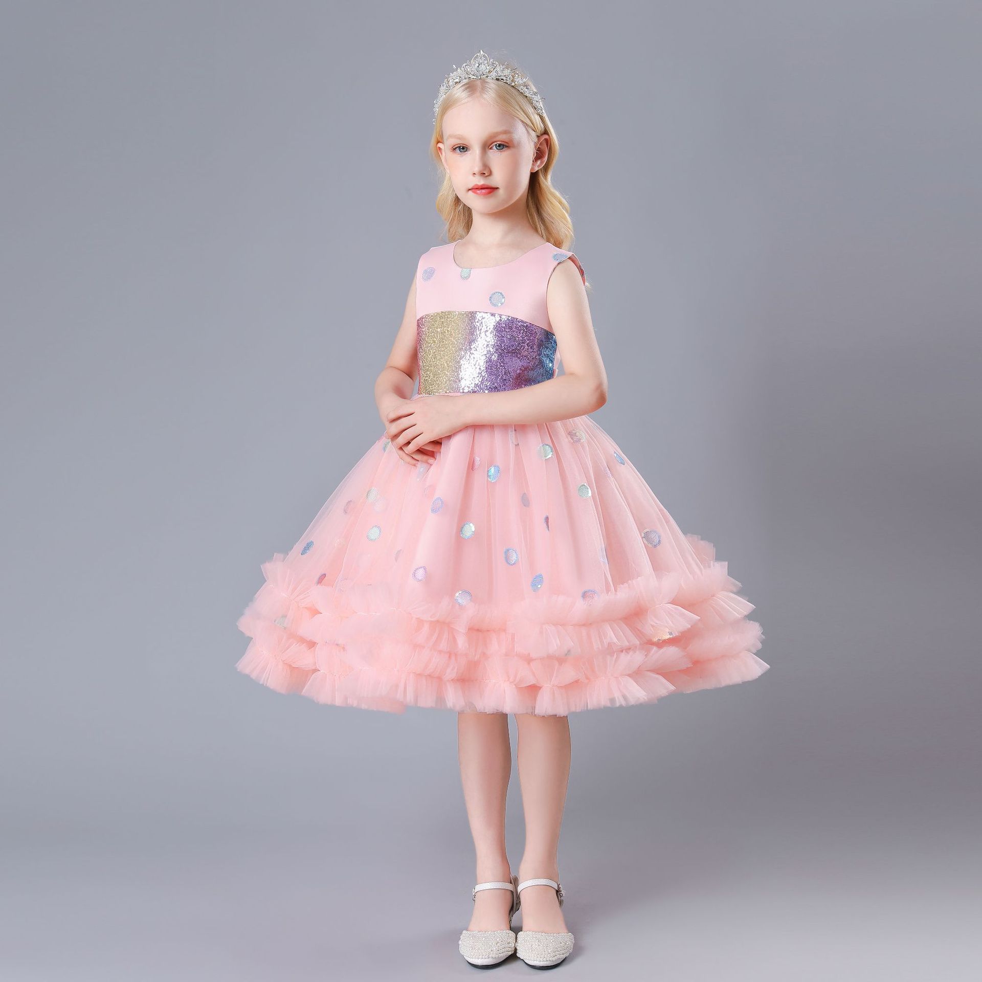 外贸儿童婚纱 女中童走秀礼服短款周岁白色缎面公主裙礼服 蓬蓬裙