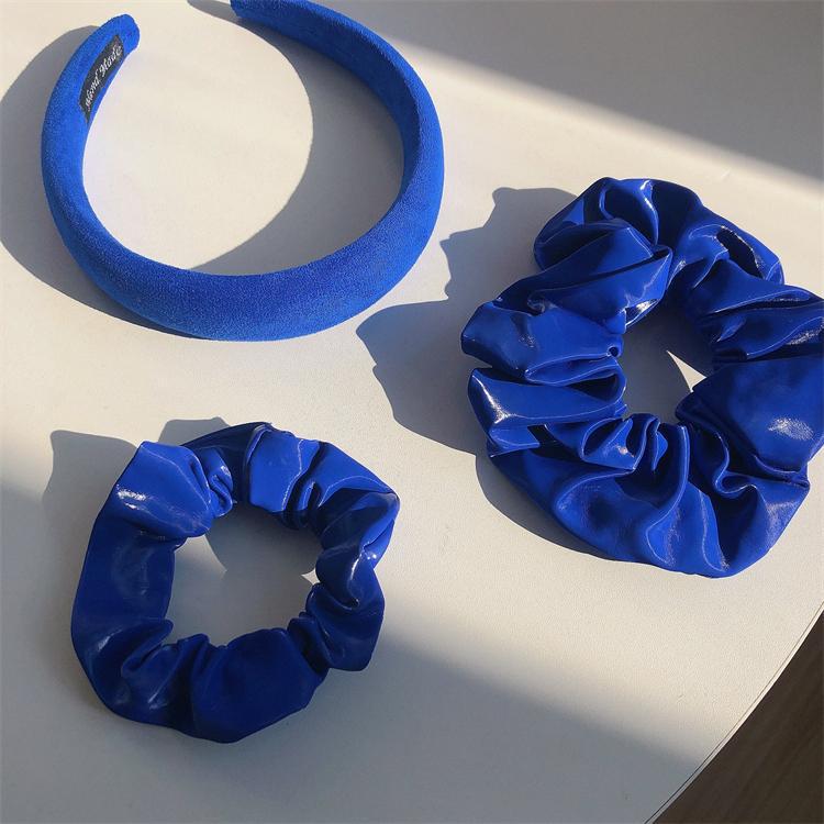 日韩时髦个性洋气复古克莱因蓝发箍 大肠圈pu皮质发圈蓝色高级感