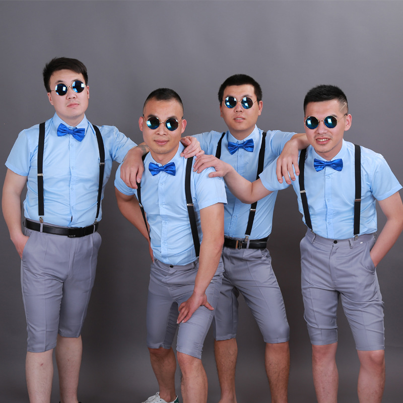 伴郎服装男套装短袖衬衫短裤一套伴郎团结婚礼服四人兄弟装衬衣潮