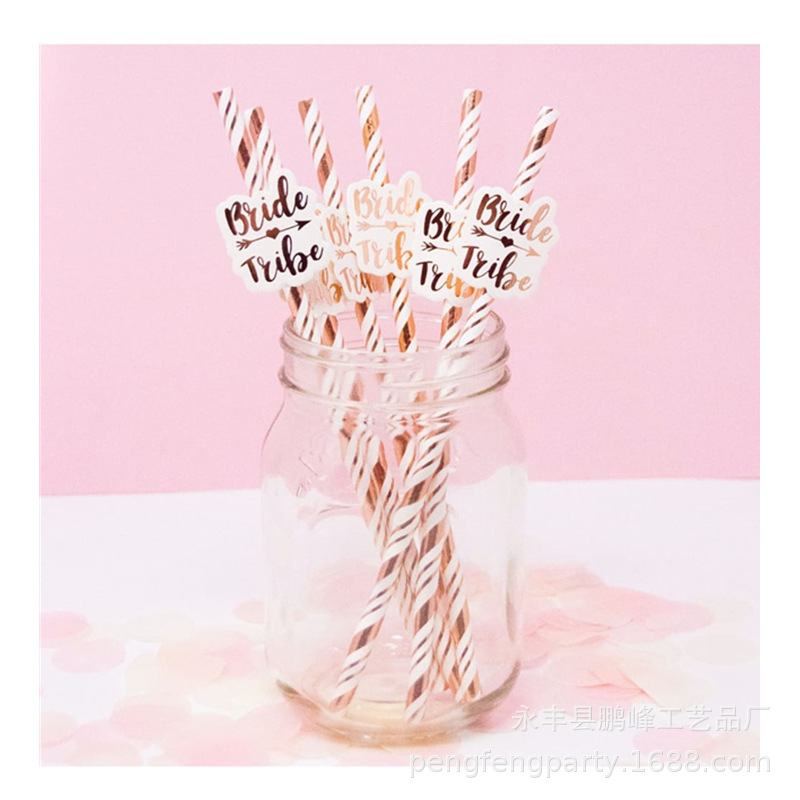 亚马逊热销team bride烫金贴纸吸管一次性可降解纸吸管派对装饰