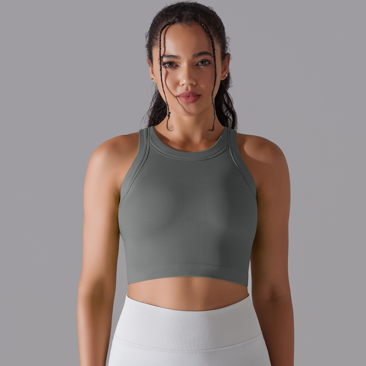 New Seamless Knitted Solid Color Rib Semi-Fixed Cup Yoga Clothes Exercise Sleeveless Vest Running Fitness Top Women