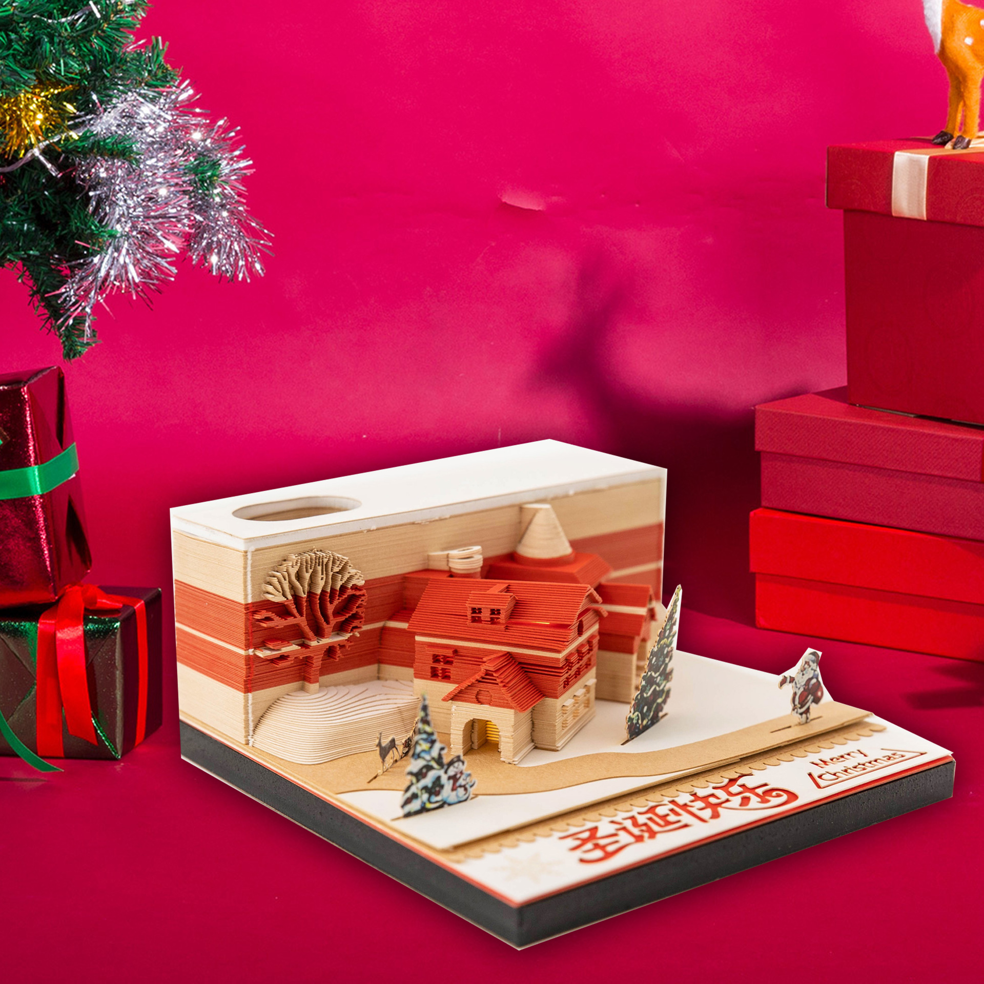 可撕立体便利签圣诞节文创礼品礼物纸雕定日带灯3d立体便签本