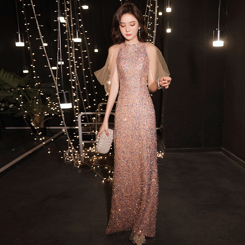 2022新款伴娘礼服长款薄纱名媛气质主持人宴会年会夜店性感晚礼服