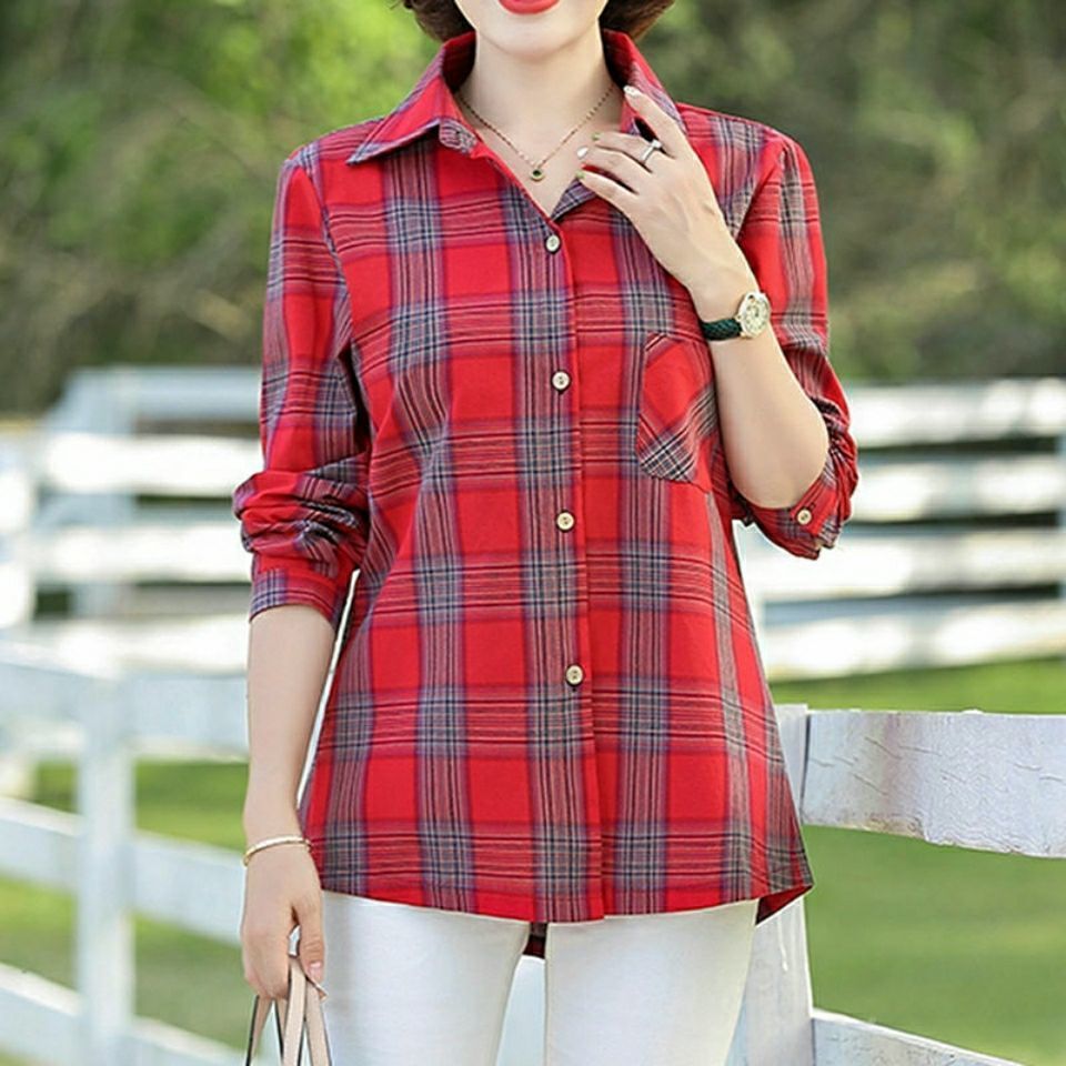 妈妈装格子长袖衬衫女大码40-50岁中老年人女装衬衣春秋装薄外套