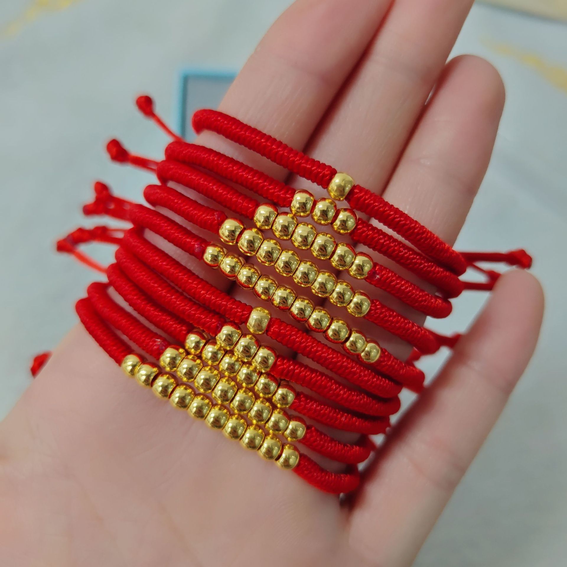 黄金小金珠十全十美手链足金3d硬金圆珠女本命年红手绳情侣手链