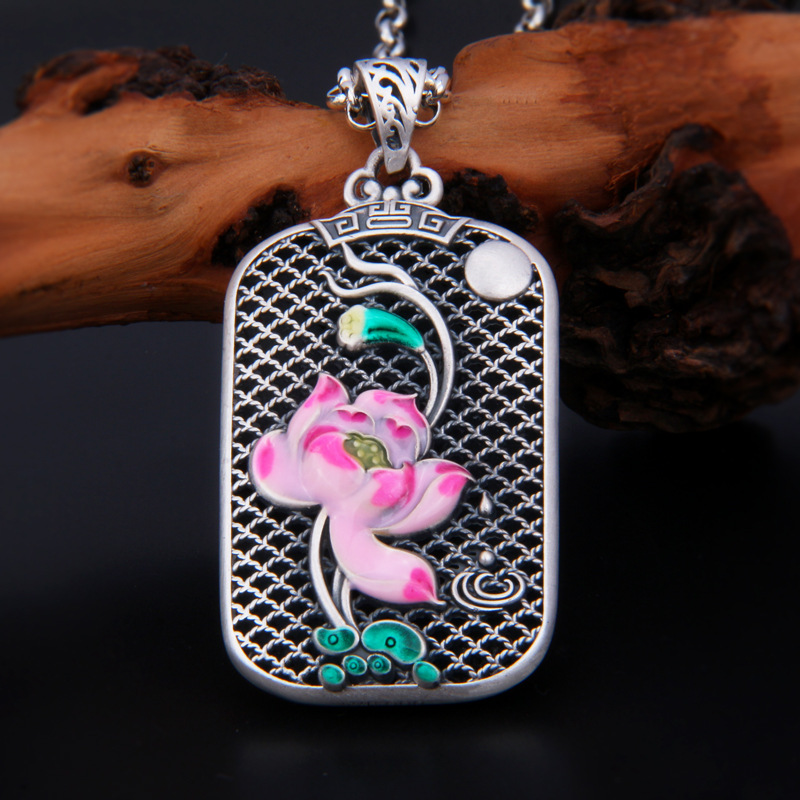 s999足银珐琅方形莲花吊坠国潮无事牌景泰蓝工艺复古长款项链挂坠