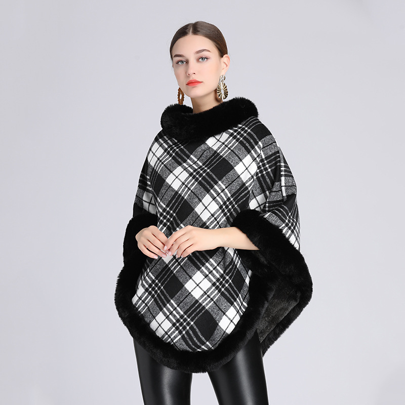 619# Autumn and Winter New Plaid Fleece-Lined Thickened Imitation Rex Rabbit Fur Collar Cape and Shawl Knitted Pullover Woolen Coat