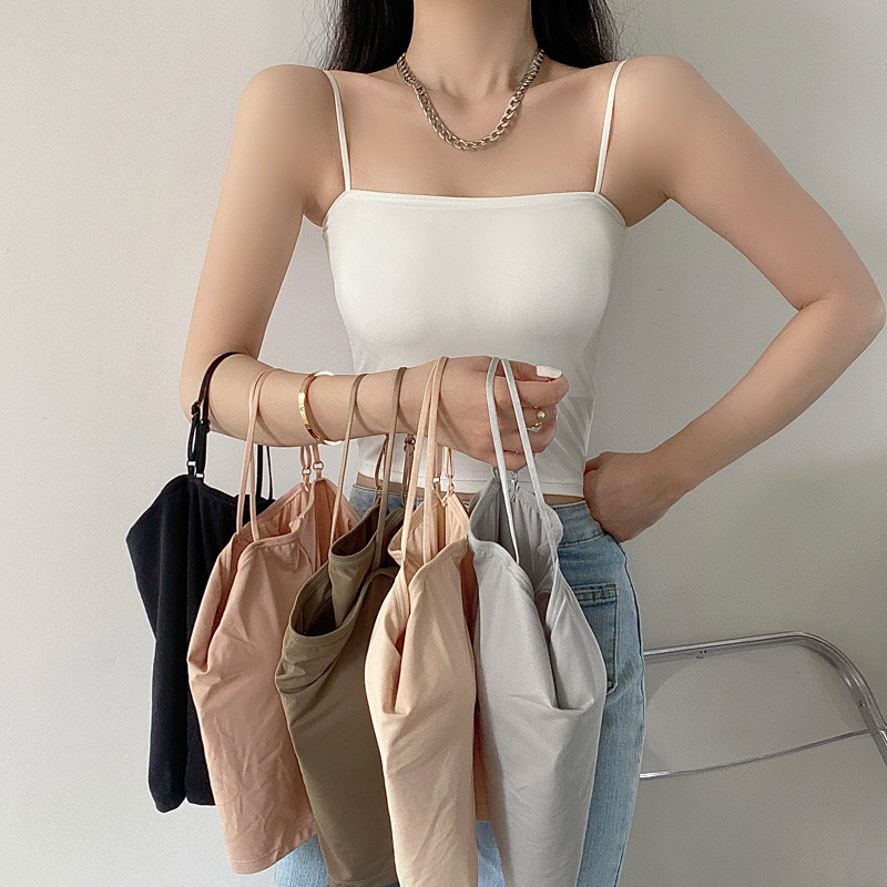 夏季薄款冰丝美背内衣女一字肩吊带背心固定杯打底衫抹胸内搭上衣