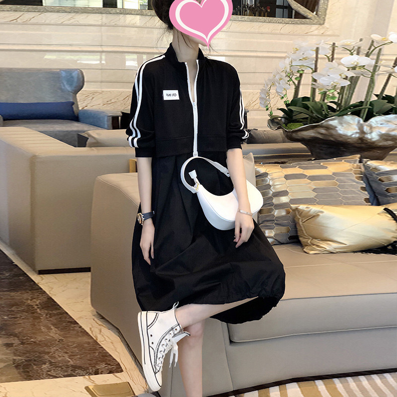 侧条纹休闲连衣裙女运动风裙子显瘦过膝长款裙夏天2021新款欧洲站