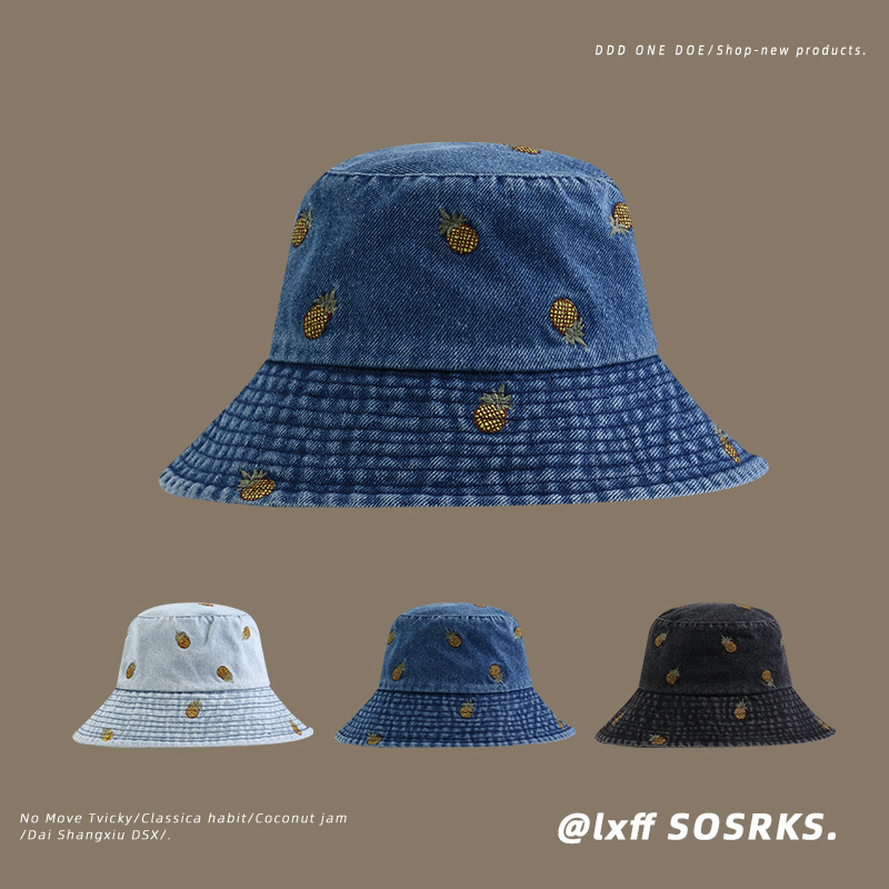 Face-Showing Small Hat Women‘s Korean-Style All-Match 2023 Spring and Autumn New Pineapple Embroidery Jean Fisherman Hat Fashion Bucket Hat