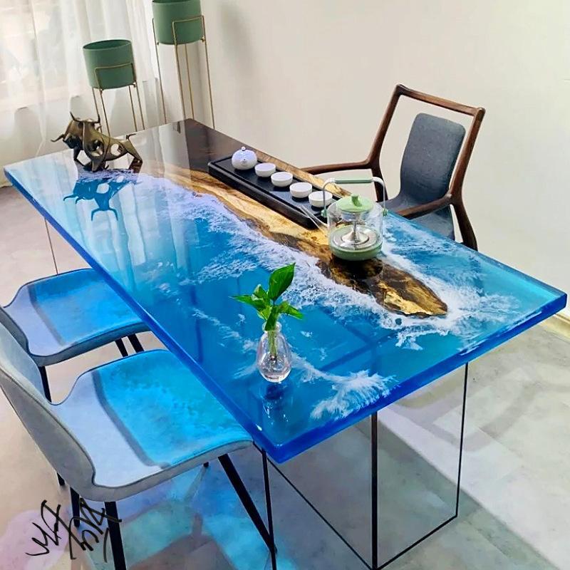 树脂胶河流桌桌子河流大板原木茶馆茶楼茶桌餐桌创意透明桌面板