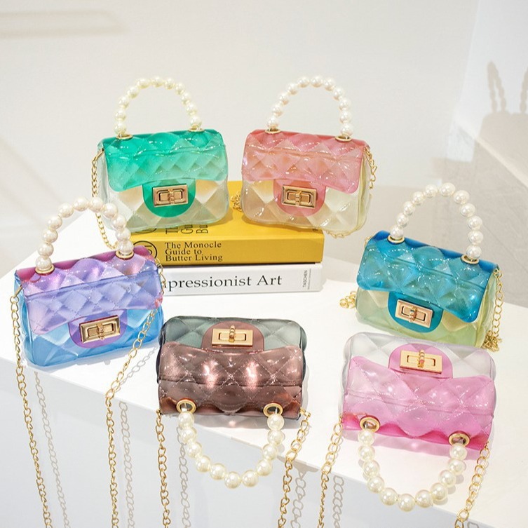 【工厂直销】新款时尚透明果冻包珍珠单肩斜挎包女色彩百搭手提包
