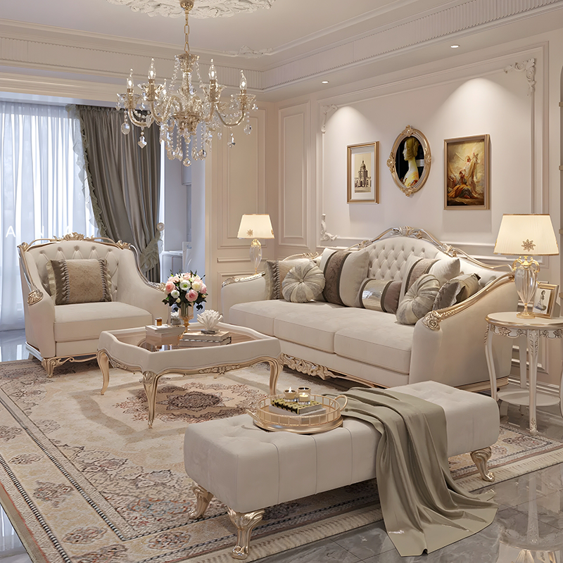 W7法式轻奢宫廷风布艺沙发实木雕花客厅新古典欧式别墅奢华家