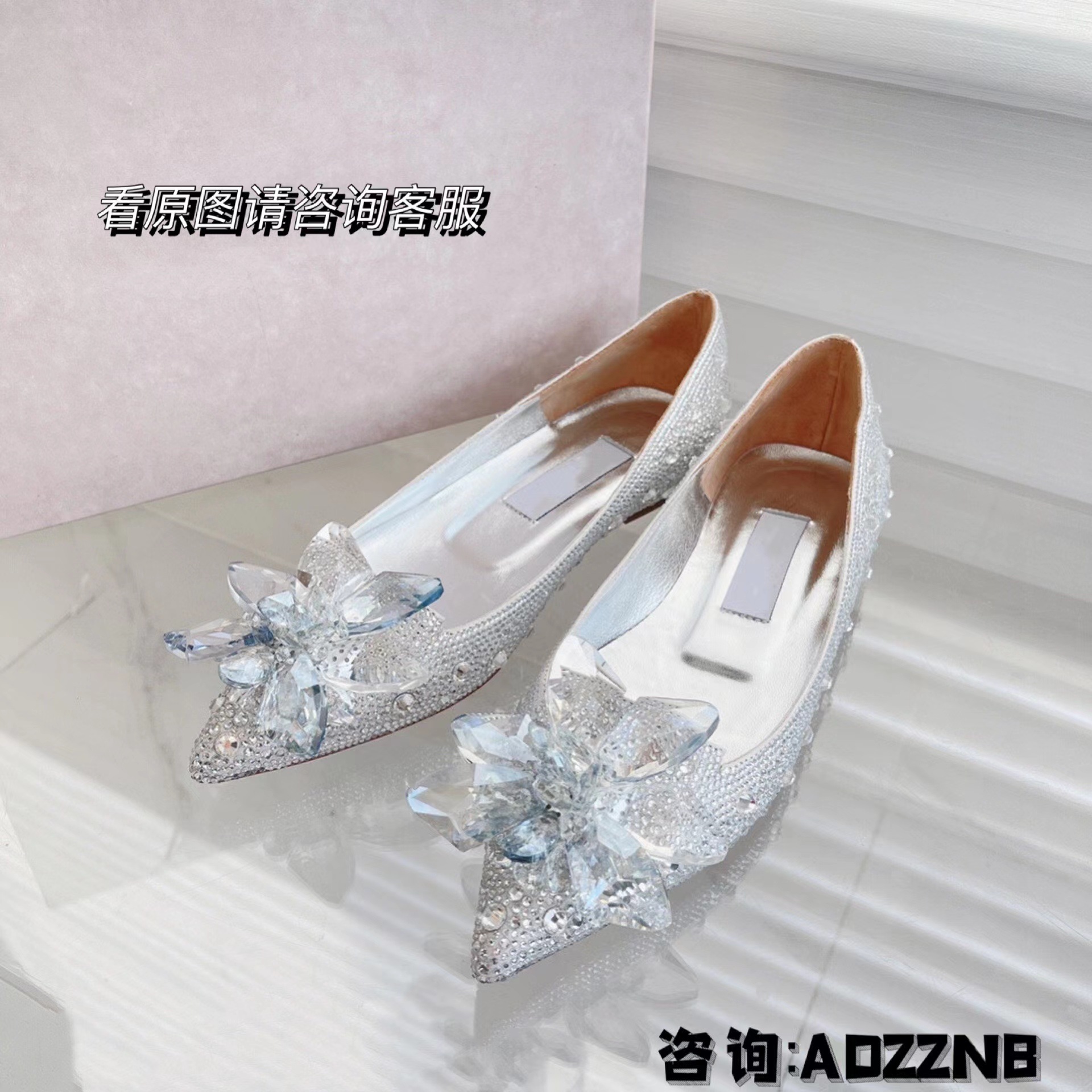 jc水晶鞋 高定水钻花朵尖头平底鞋时尚宴会女鞋婚鞋伴娘鞋高跟鞋