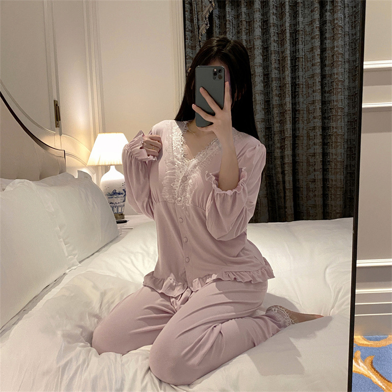 Women's Modal Pajamas with Chest Pad Lace Edge Spring and Summer New Pure Sexy High-Grade Long-Sleeved Homewear Suit