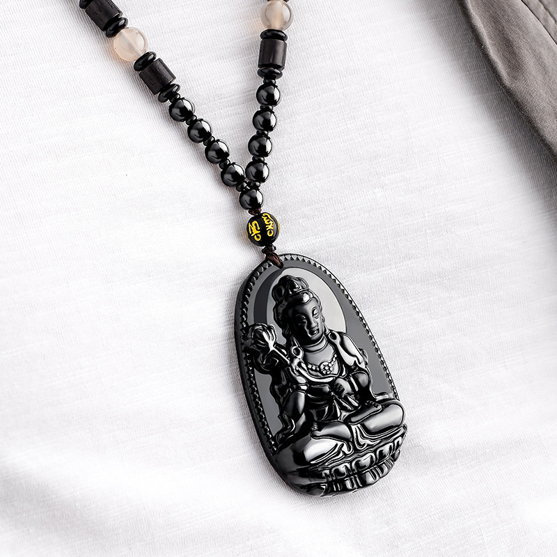 天然黑曜石十二生肖本命佛吊坠黑曜石八大守护神大日如来佛像项链