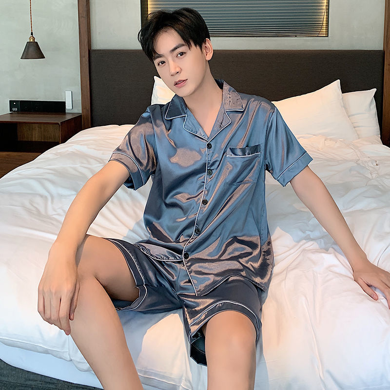 Summer New Ice Silk Lapel Cardigan Pajamas Men's Simplicity Short Sleeve Shorts Suit High Sense Solid Color Homewear