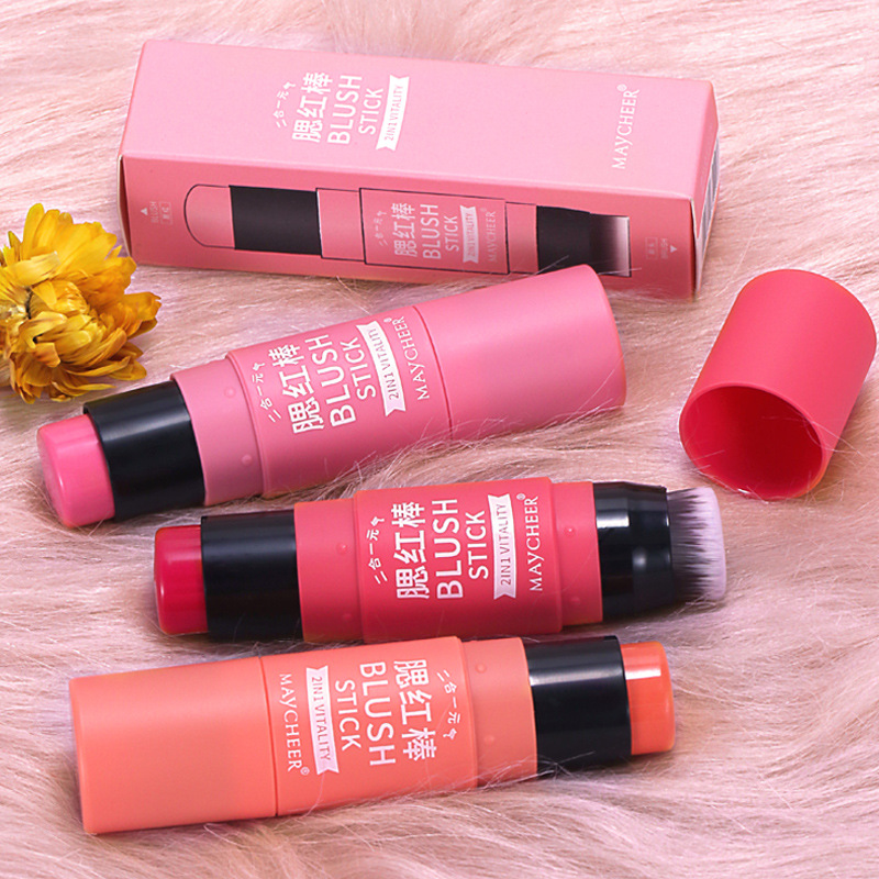 MAYCHEER Cream Blush Stick Powder-Free Japanese Magazine Coral Orange Rose Pink Natural Red Color Rouge with Brush