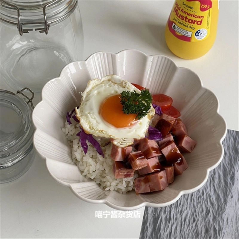 ins日式陶瓷大碗复古纯色拉面碗 菊花纹泡面碗家用大号沙拉碗汤碗
