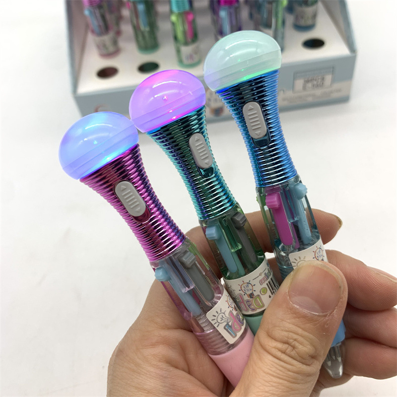 外贸跨境炫彩镭射带灯迷你圆珠笔电灯泡四色笔多色笔diy手账笔批