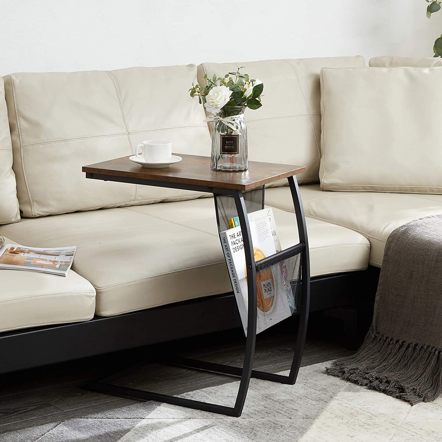 美式复古铁木家具小沙发边桌带储物侧袋 适合家庭客厅办公室