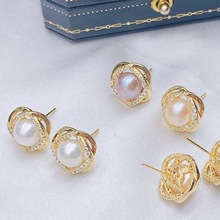复古珍珠镶钻耳钉 高级感优雅半球形珍珠耳饰925银针百搭珍珠配饰