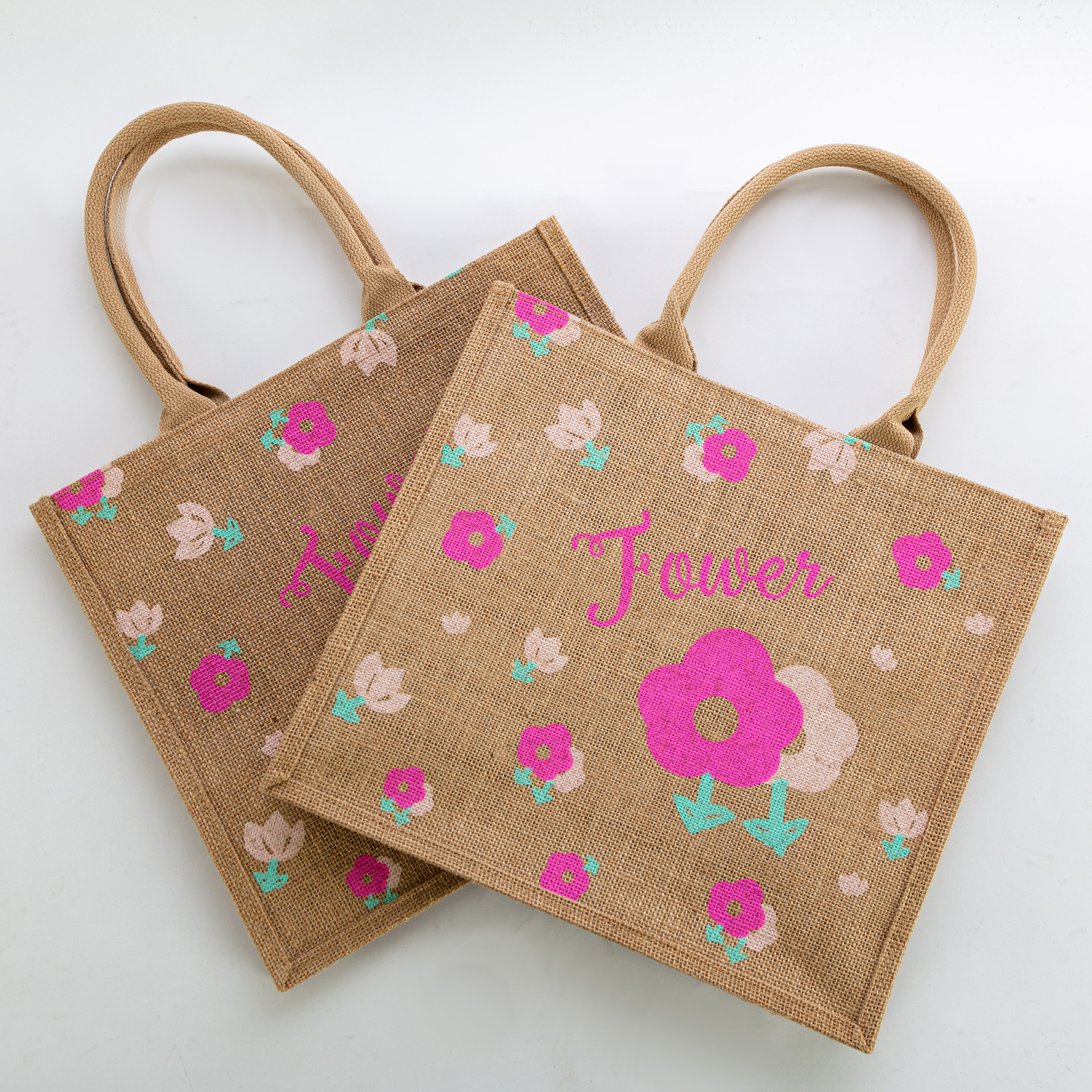 时尚简约麻布手提袋女亚麻印花大容量卡通环 保购物袋旅游便当包