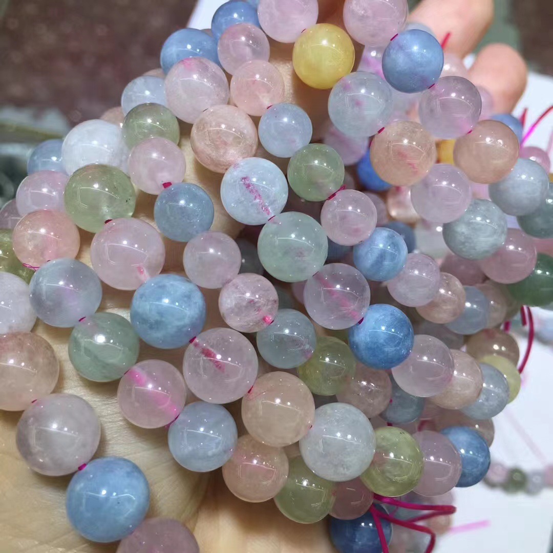 天然摩根石单圈圆珠手链手串 晶体通透 冰淇淋色彩天然摩根石批发
