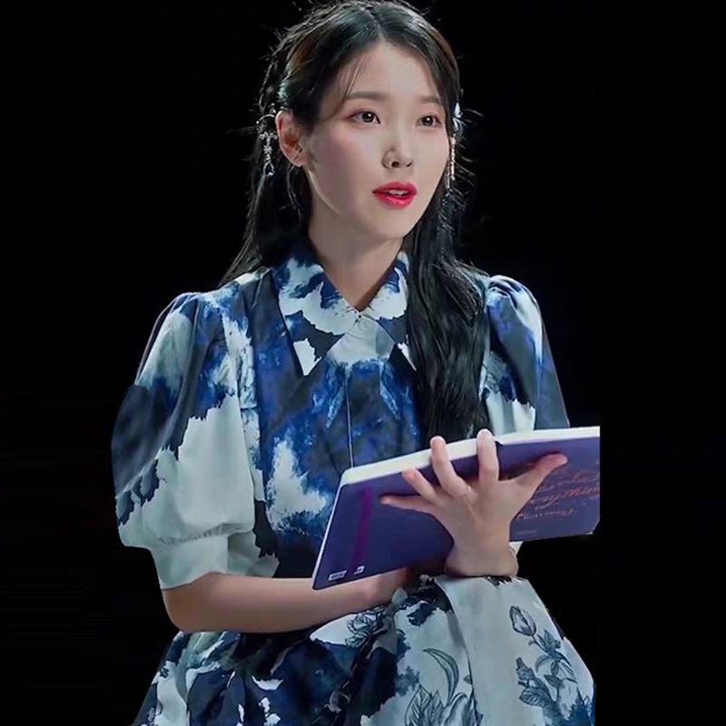 李知恩iu明星同款夏新款小礼服水墨印花显瘦名媛气质衬衫领连衣裙