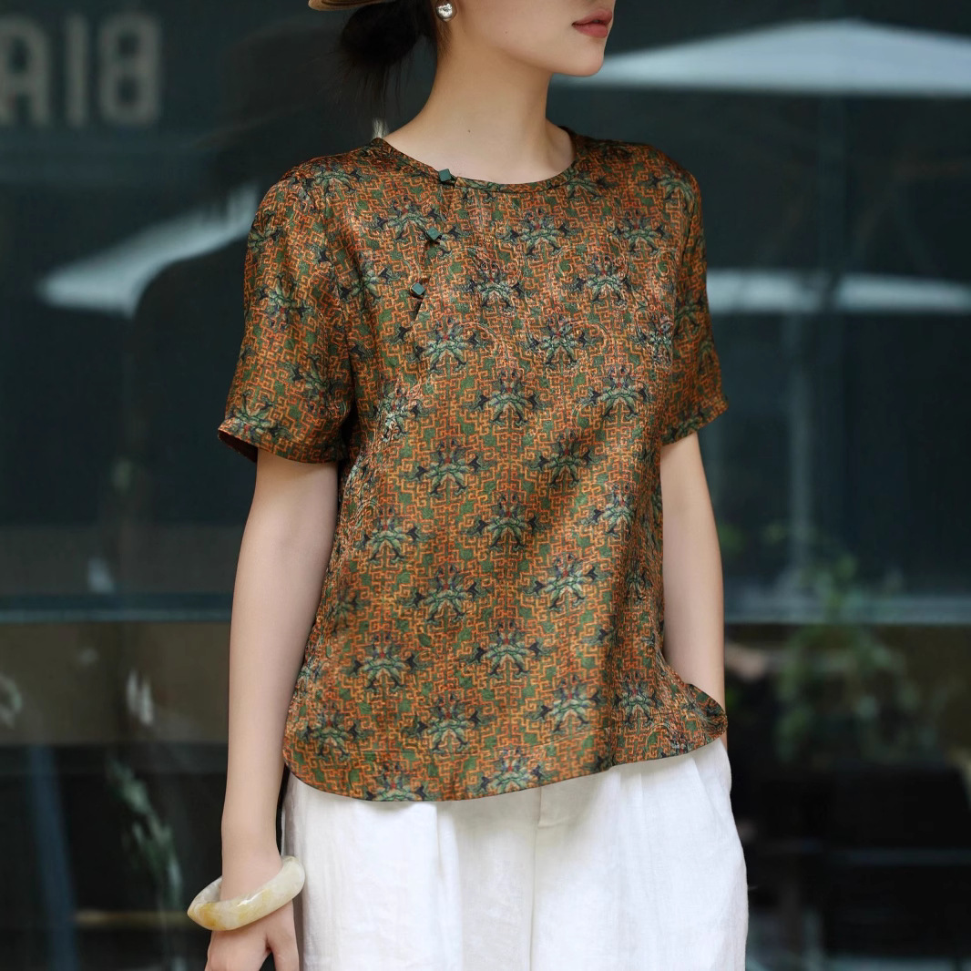 南油批发国风吉纹斜襟香云纱上衣衬衫真丝桑波缎提花香云纱桑蚕丝