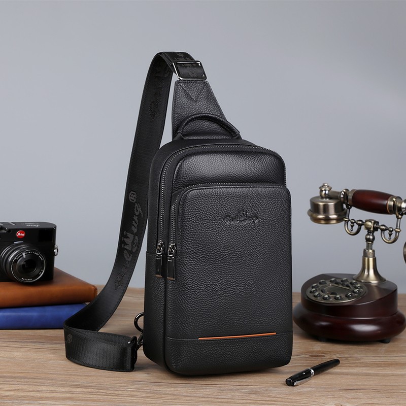 跨境新真皮大容量男士胸包商务休闲斜挎包时尚百搭头层牛皮胸前包