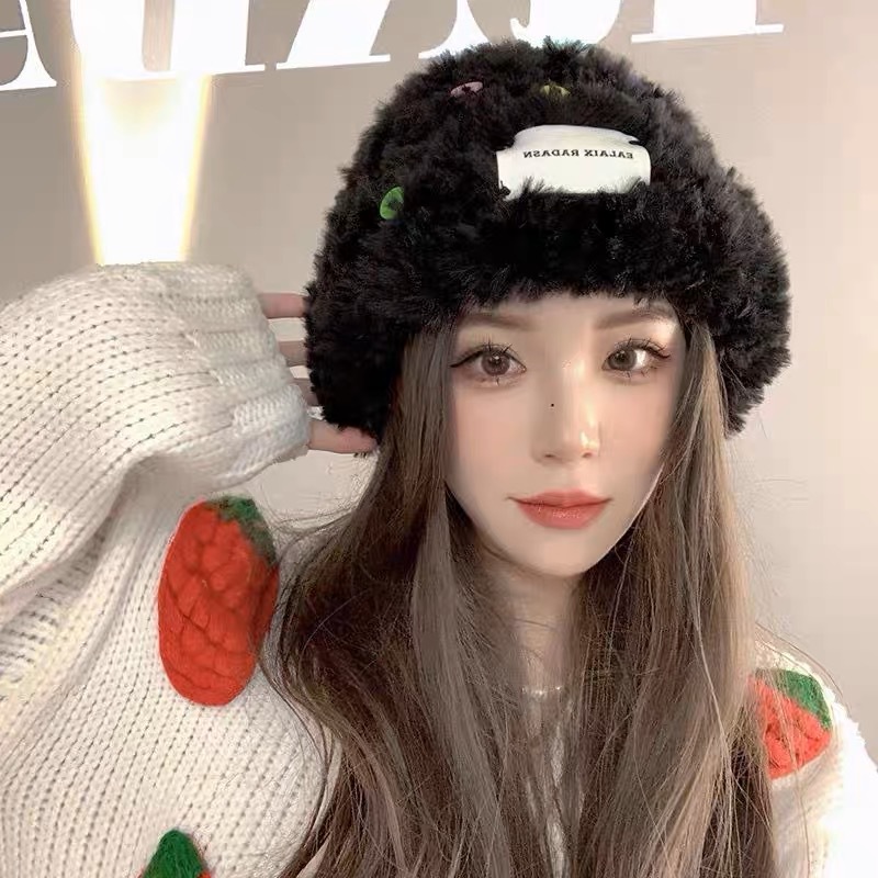 Winter New Hat Female Autumn Winter Plush Fisherman Hat Warm Furry Thickened Face Small Imitation Rabbit Fur Knitted Hat