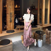 新中式套装女装夏季重工刺绣泡泡袖衬衫国风花朵包臀半身裙两件套