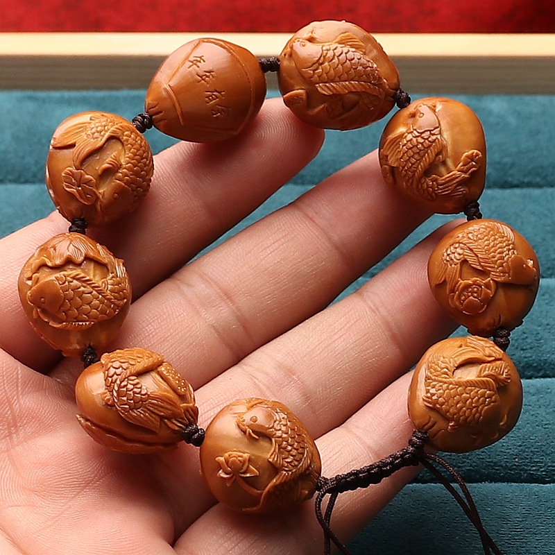 橄榄核手工雕刻小籽铁核荷花鱼浮雕短圆橄榄胡文玩手串鲤鱼戏莲男