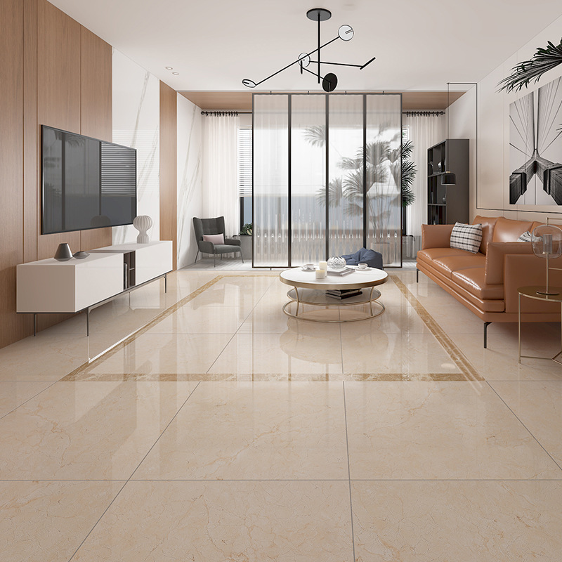 欧式客厅通体大理石瓷砖米黄色地砖800x800全抛釉亮面防滑地板砖