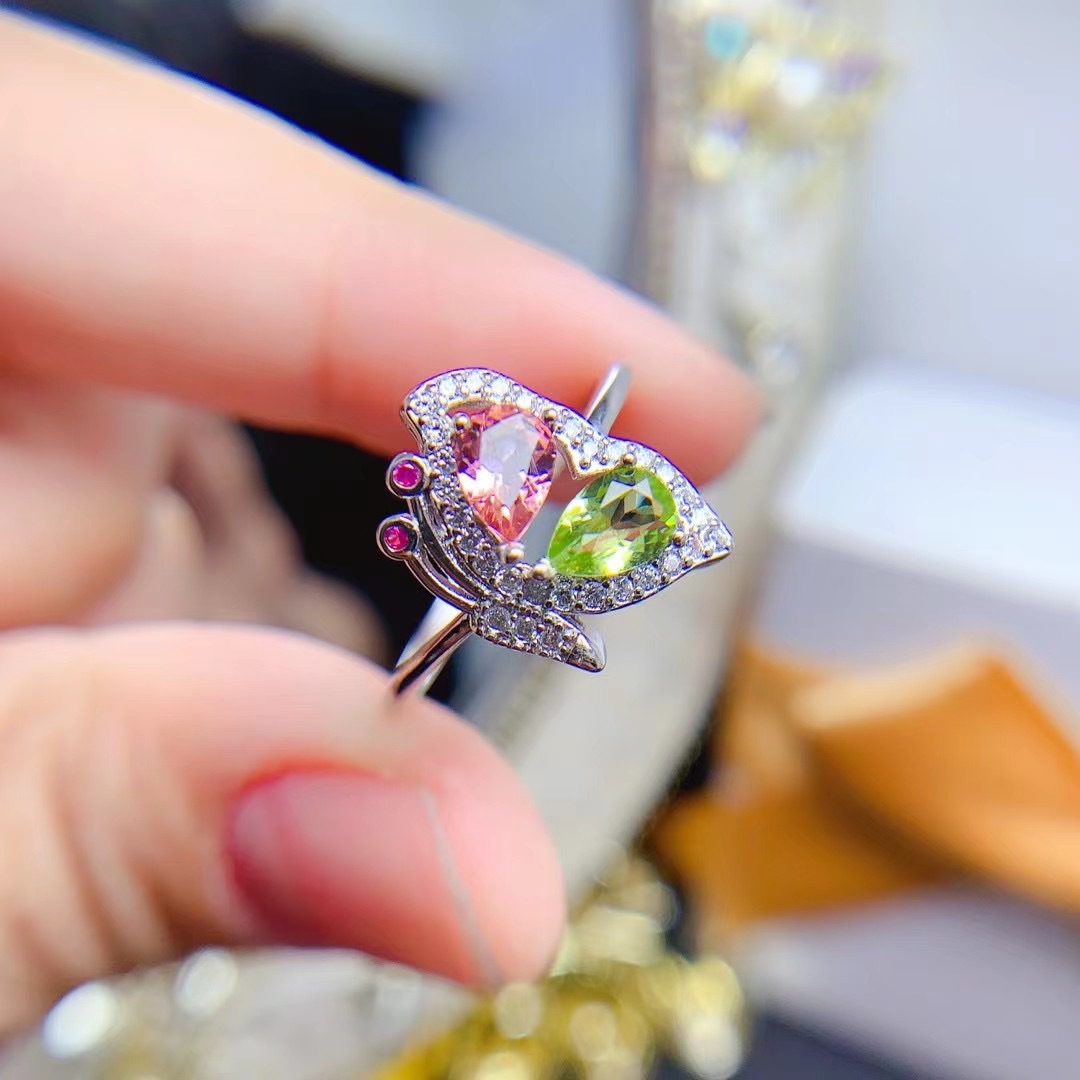 工厂直销彩宝首饰925银镶嵌蝴蝶款水滴碧玺戒指活口跨境专-阿里巴巴