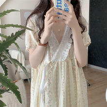 夏季新款睡衣女韩系温柔花色花边系带睡裙可外穿家居服
