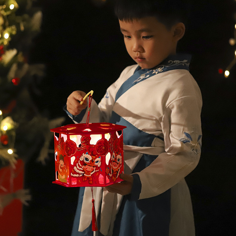 New Year Red Lantern Projection Revolving Scenic Lantern Portable Luminous Kindergarten Diy Handmade Lantern Assembled Children's Toys