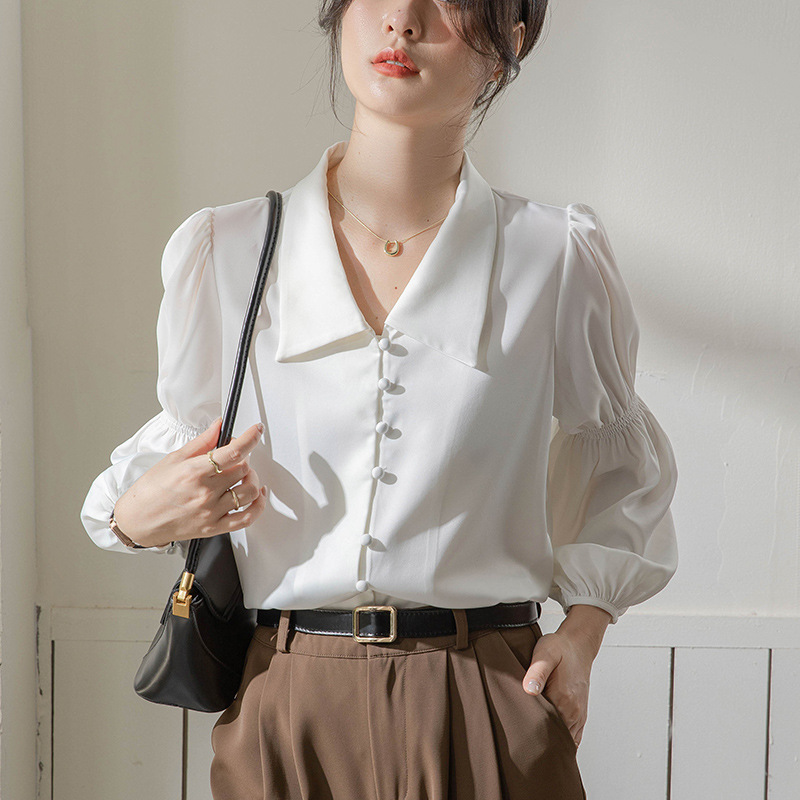 灯笼袖白色衬衣女2024春秋季设计感小众法式衬衣职业通勤正装上衣