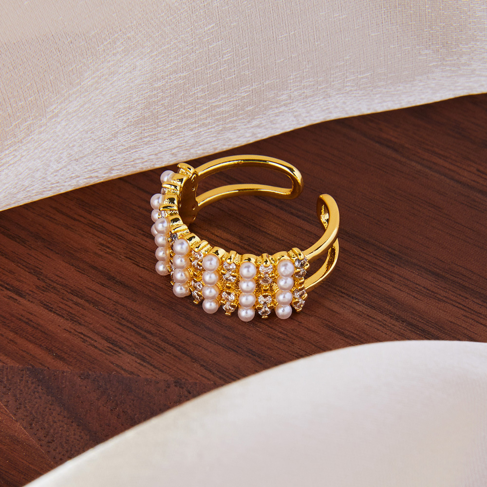 英伦复古爆款几何镶钻宽面大气戒指女铜镀18k金贝珠开口指环批发