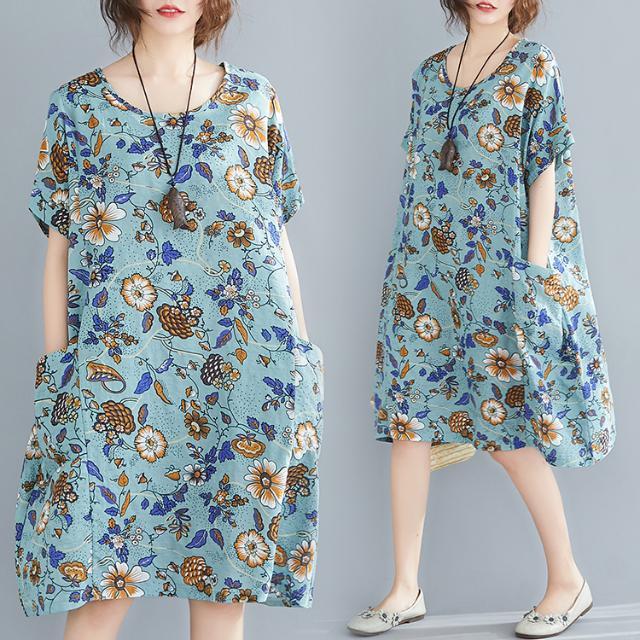 胖妹妹夏装中长款短袖连衣裙遮肚胖女人显瘦大码女装200斤棉麻裙