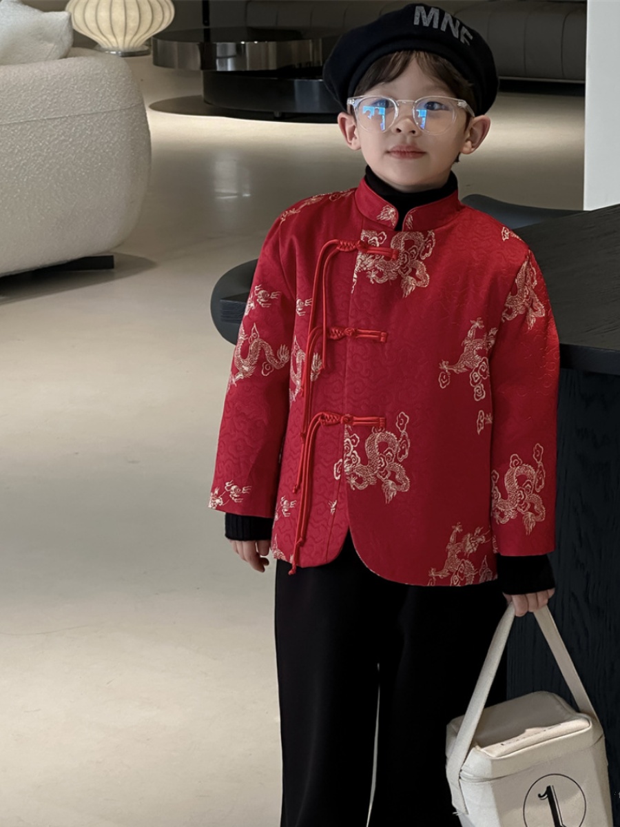儿童龙年服装男童冬季新年红色中国龙刺绣汉服套装服