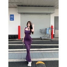 紫色系带方领背心连衣裙女夏纯欲裙子显身材长裙紧身包臀裙p636a