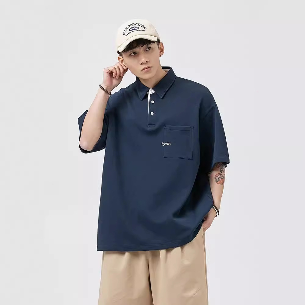 夏季撞色polo衫男短袖学院风宽松日系情侣t恤透气舒适男生上衣服