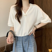 POLO领短款短袖T恤女夏季2024新款体恤韩版宽松设计感白色上衣