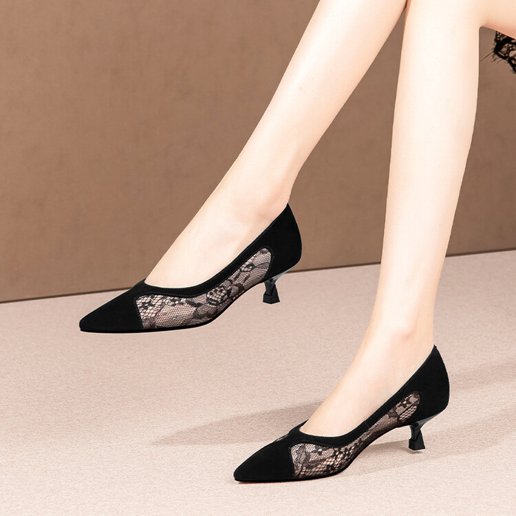 黑色蕾丝雕花高跟鞋女2023新款夏细跟镂空尖头单鞋翻皮网纱女鞋女