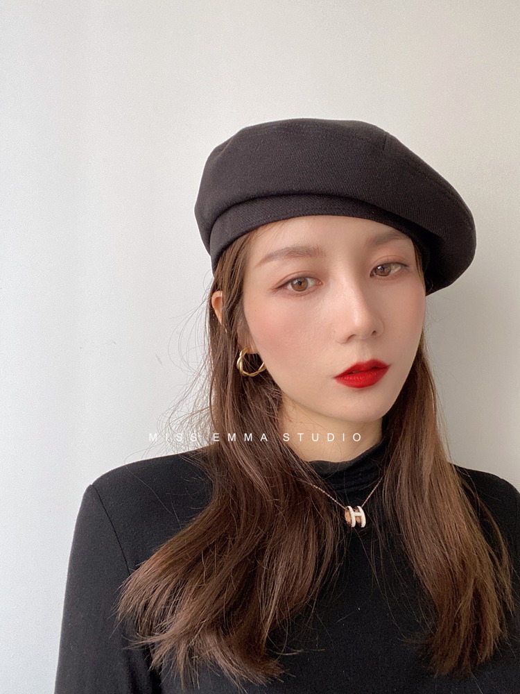 日本复古摩卡色贝雷帽女秋季新款韩版百搭黑色画家帽显脸小八角帽