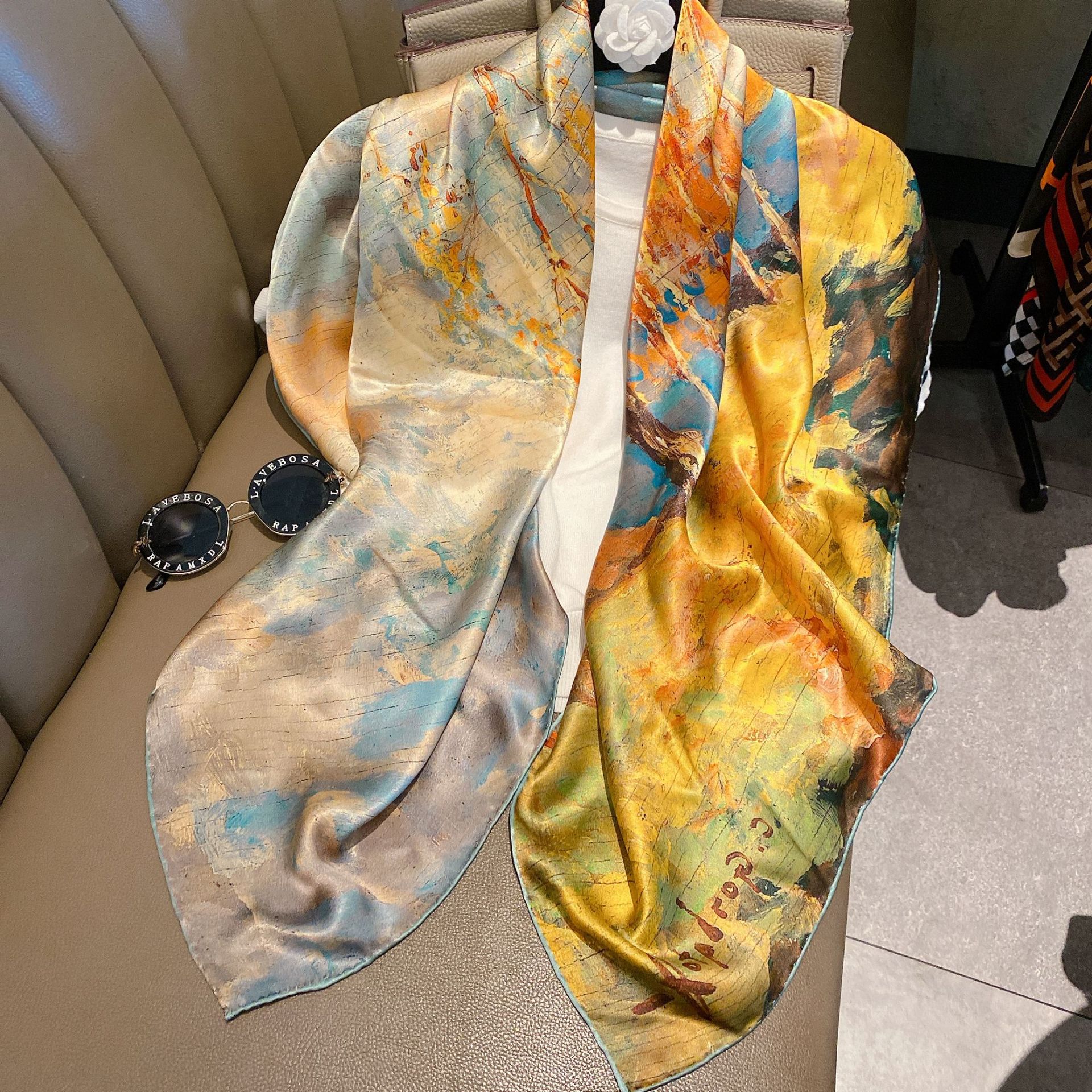 New Elegant Double-Sided Birch Forest Hangzhou Silk 105cm Mulberry Silk Large Kerchief Silk Decorative Scarf Scarf
