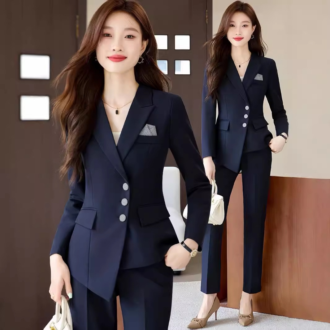 藏青色西装套装女春秋高端酒店经理工作服小个子气质正装西服套装